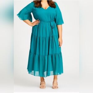 Avenue Blue Tiered Midi Dress with Flutter Sleeves